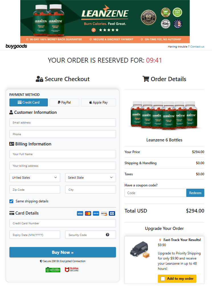 Leanzene secure checkout page